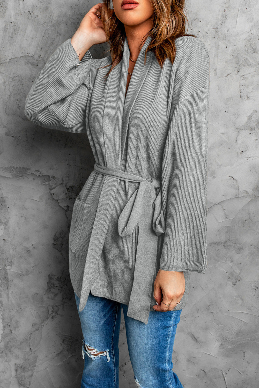 Gray Ribbed Pocketed Open Front Cardigan