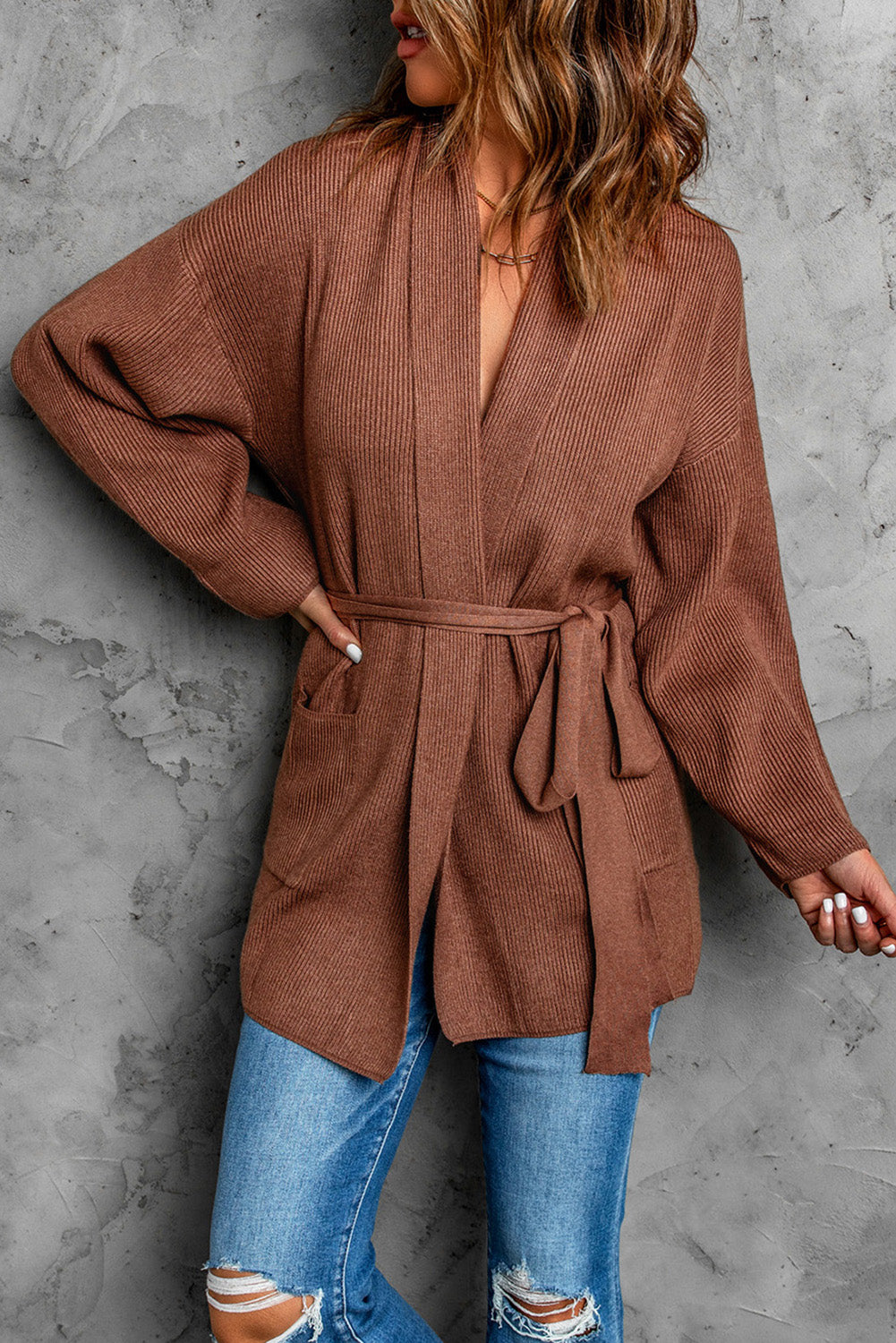 Brown Ribbed Pocketed Open Front Cardigan