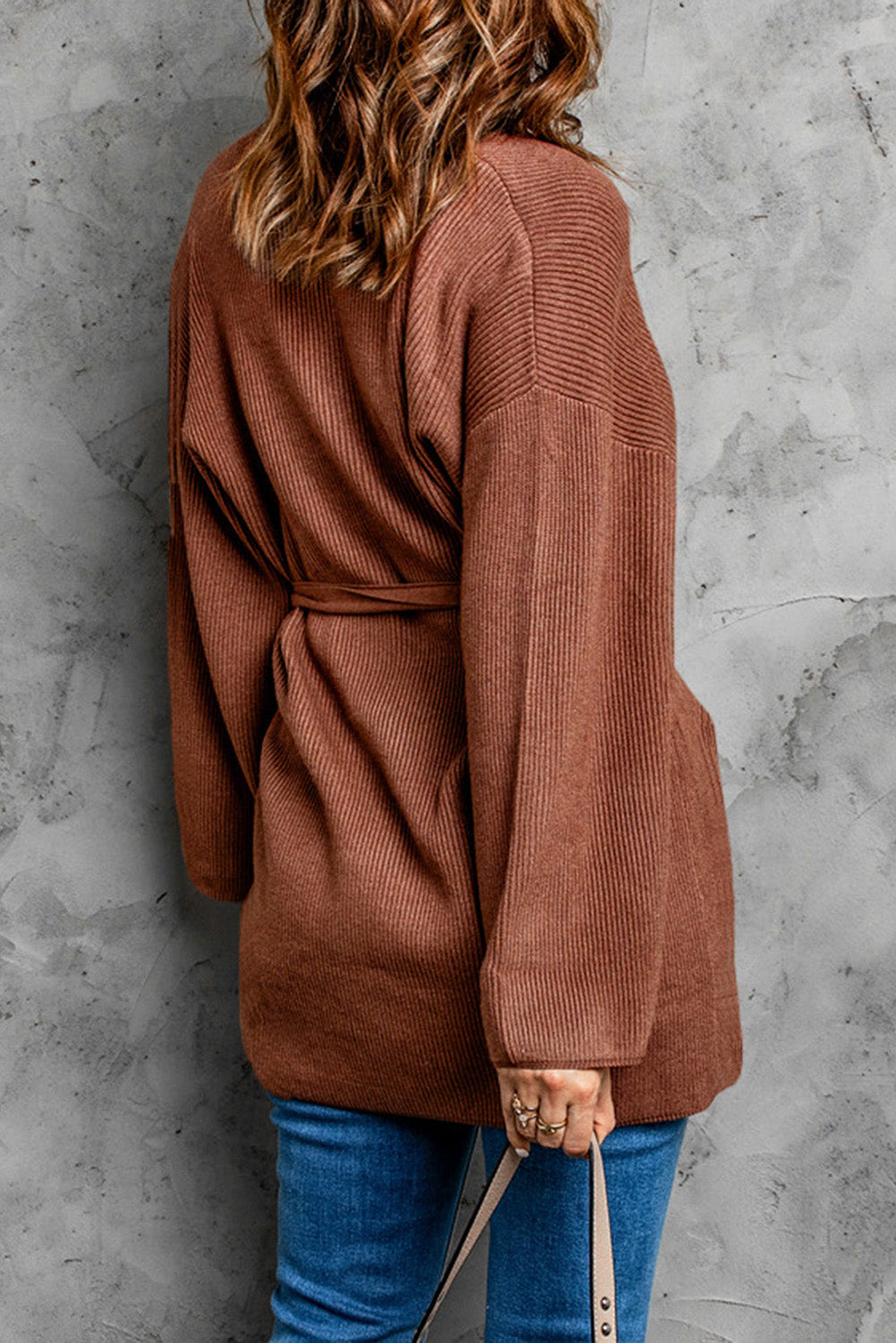 Brown Ribbed Pocketed Open Front Cardigan