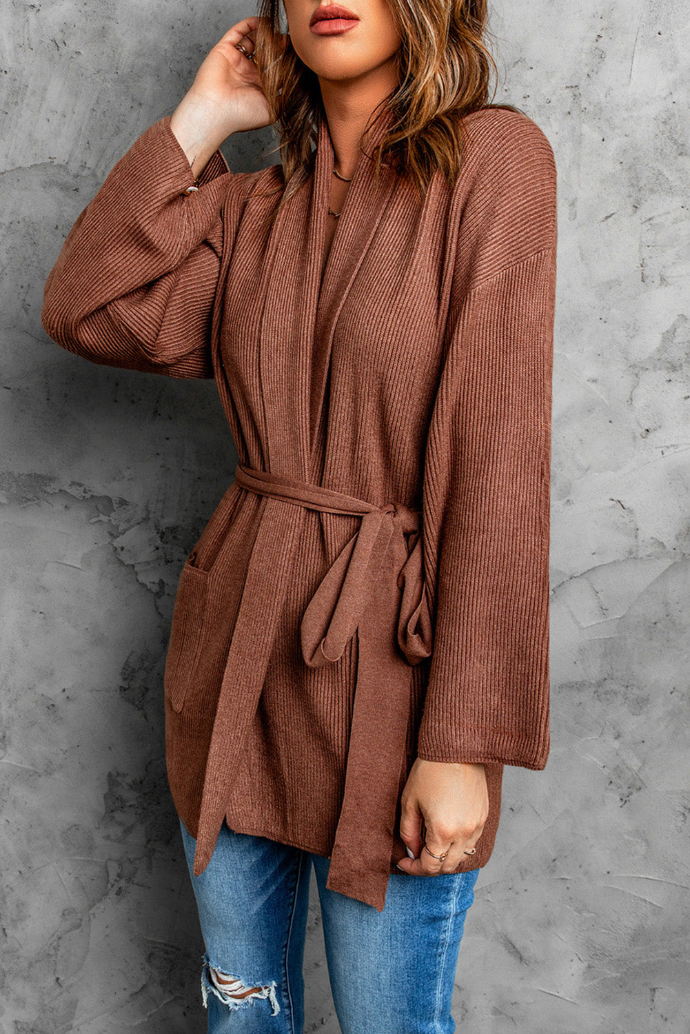 Brown Ribbed Pocketed Open Front Cardigan