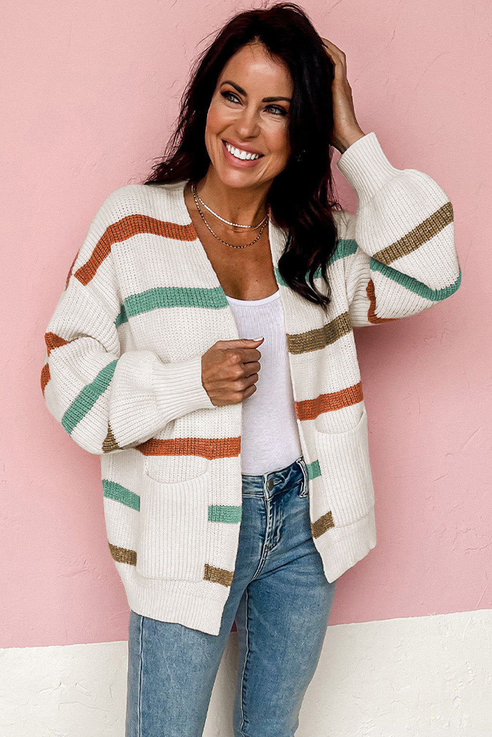 Drop Shoulder Pocketed Stripe Sweater Cardigan