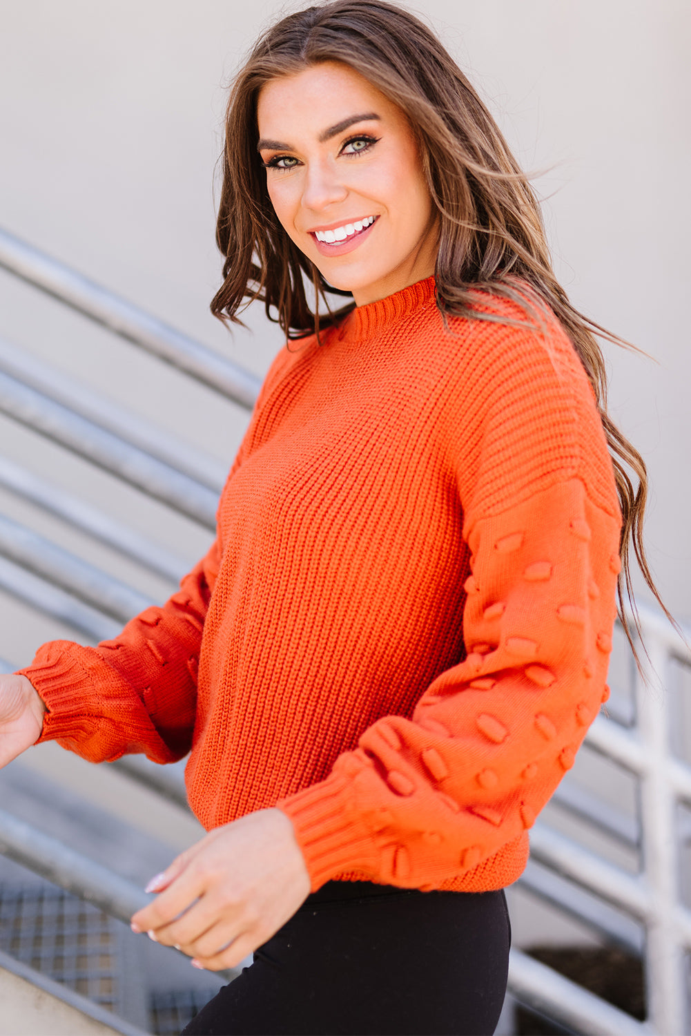 Orange Ballon Sleeve Knit Sweater