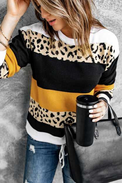 Leopard Color Block Knit Pullover Sweater | 3 Colors |