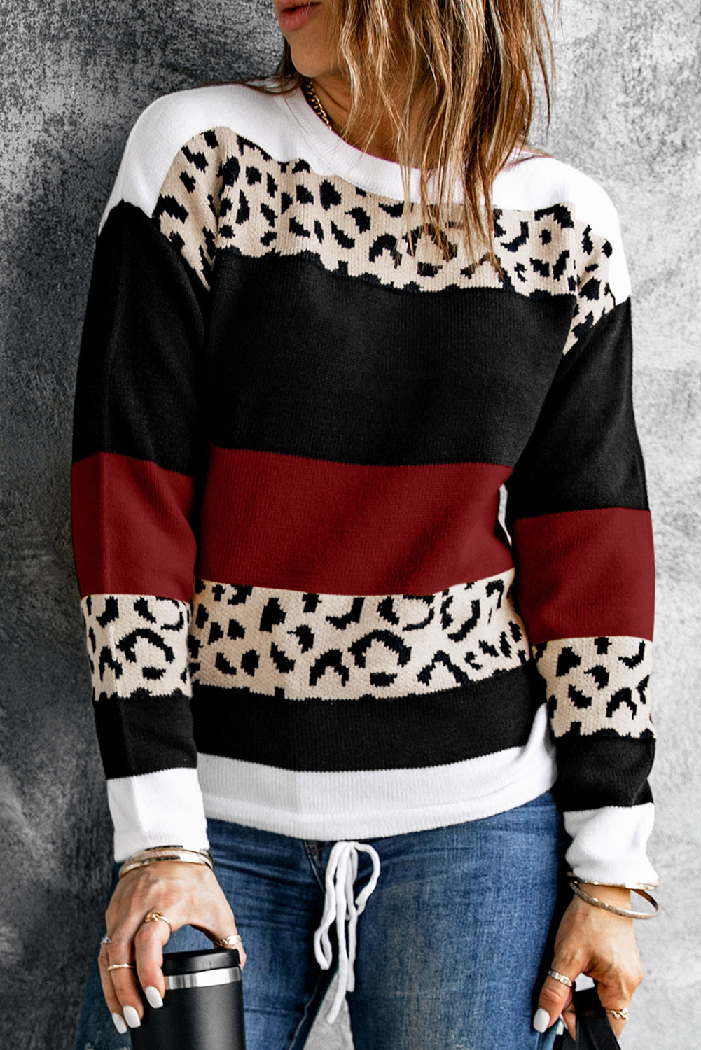 Leopard Color Block Knit Pullover Sweater | 3 Colors |