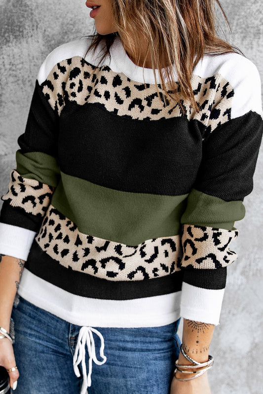 Leopard Color Block Knit Pullover Sweater | 3 Colors |