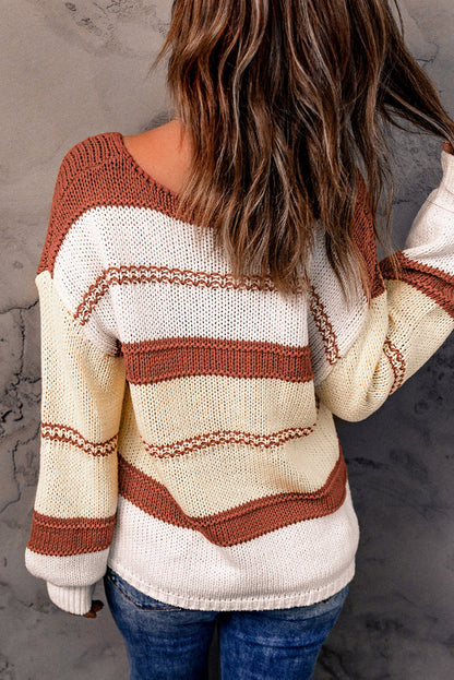 Brown V-neck Knitted Lantern Sleeve Pullover Sweater