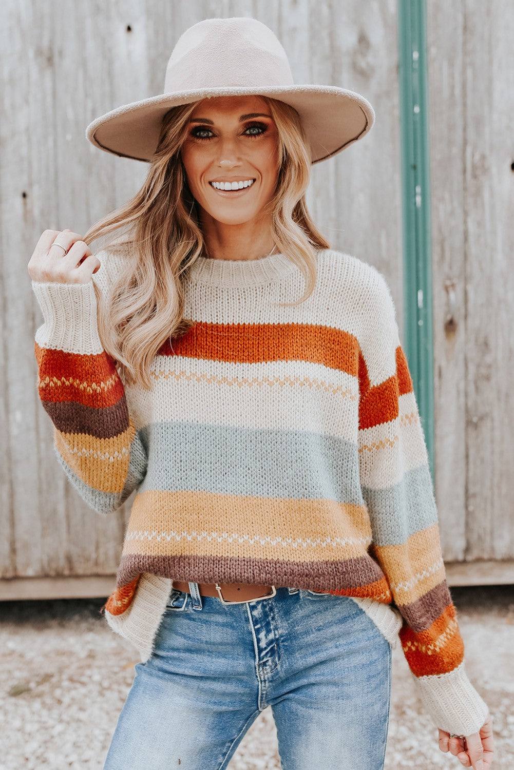 Crew Neck Drop-Shoulder Striped Sweater