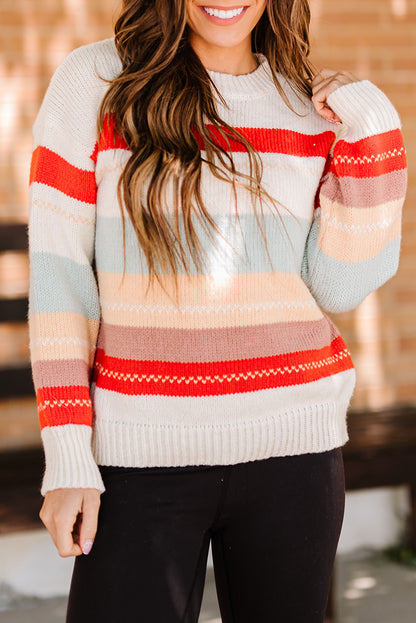 Crew Neck Drop-Shoulder Striped Sweater