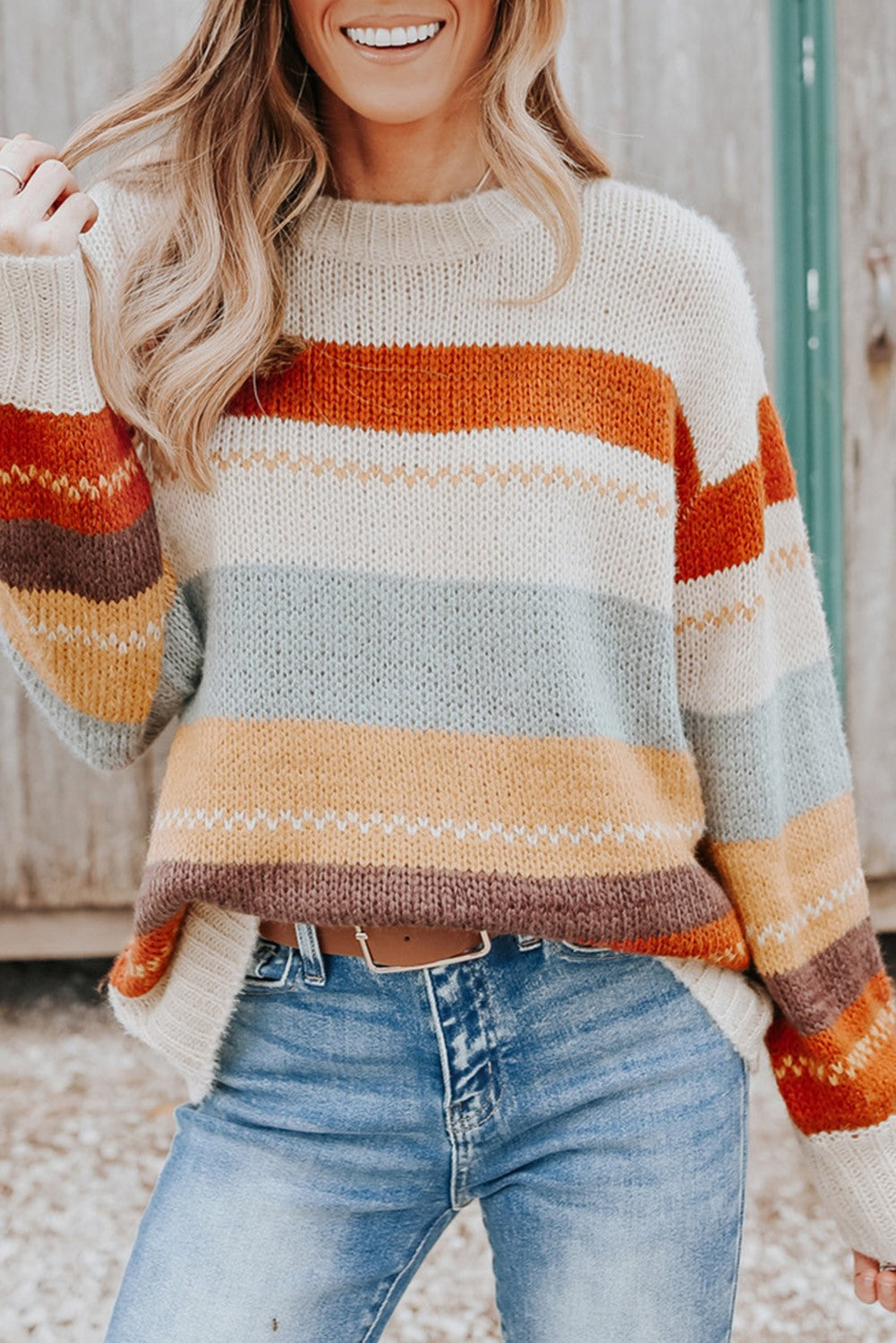 Crew Neck Drop-Shoulder Striped Sweater