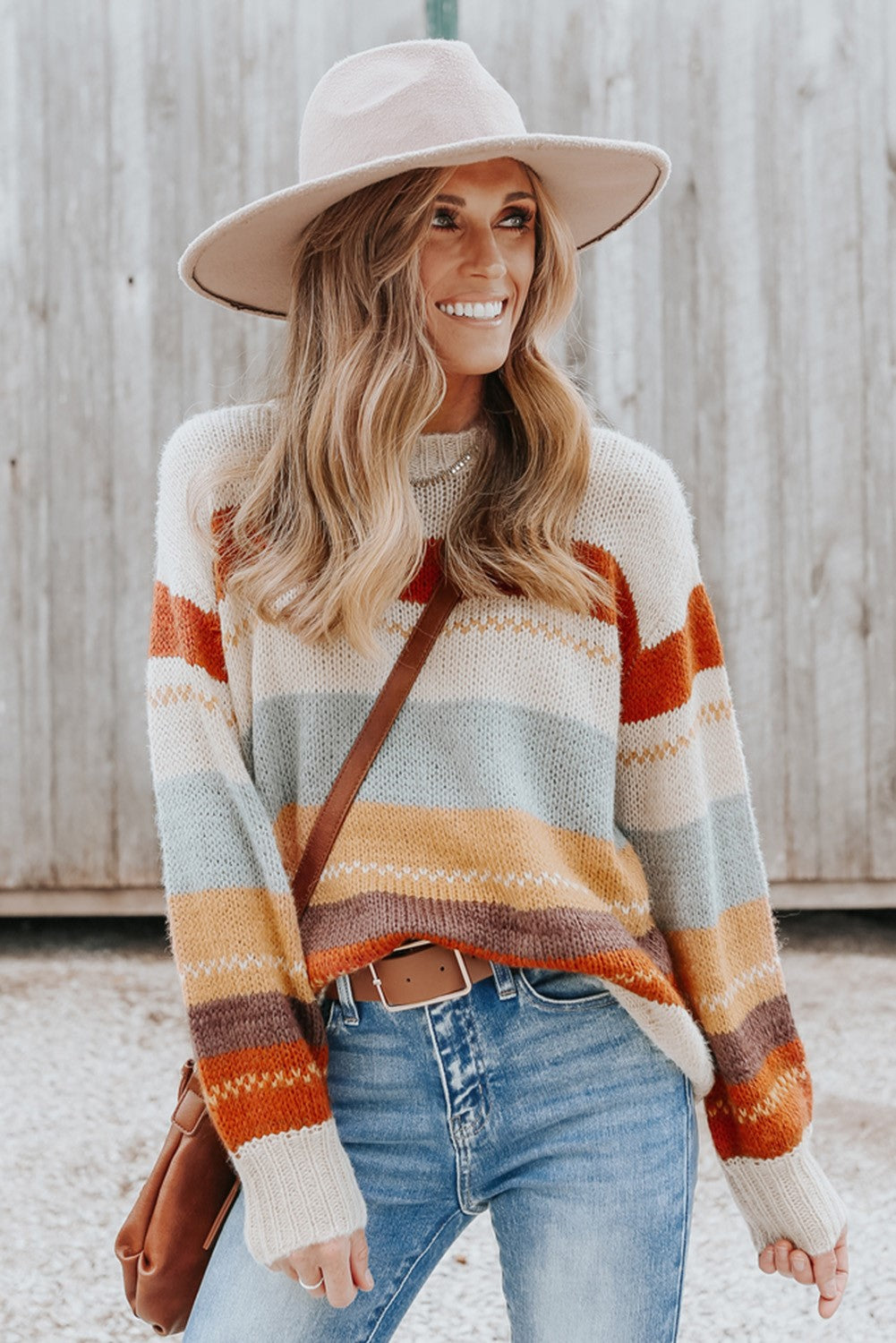 Crew Neck Drop-Shoulder Striped Sweater