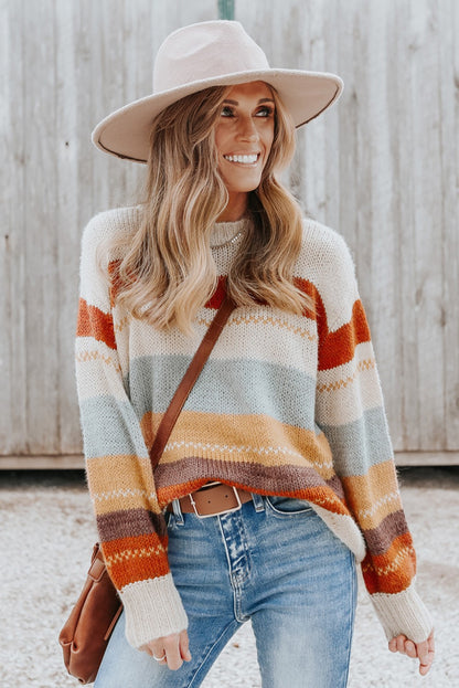 Crew Neck Drop-Shoulder Striped Sweater