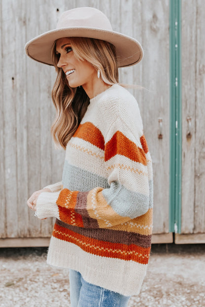 Crew Neck Drop-Shoulder Striped Sweater