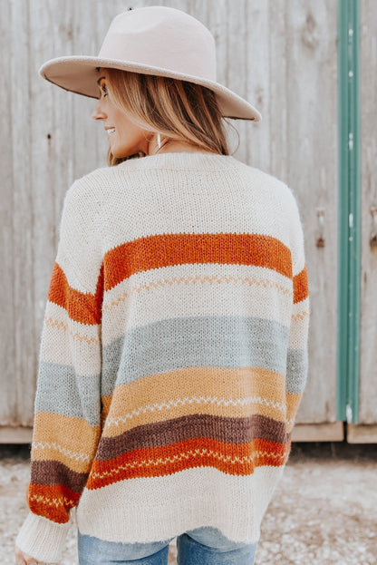 Crew Neck Drop-Shoulder Striped Sweater