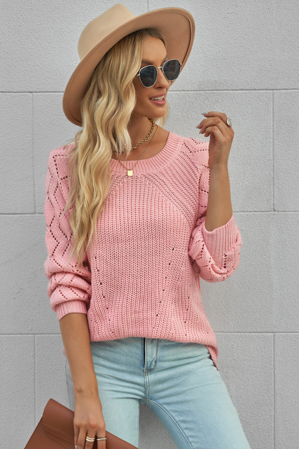 Pink Knitted Raglan Sleeve Sweater