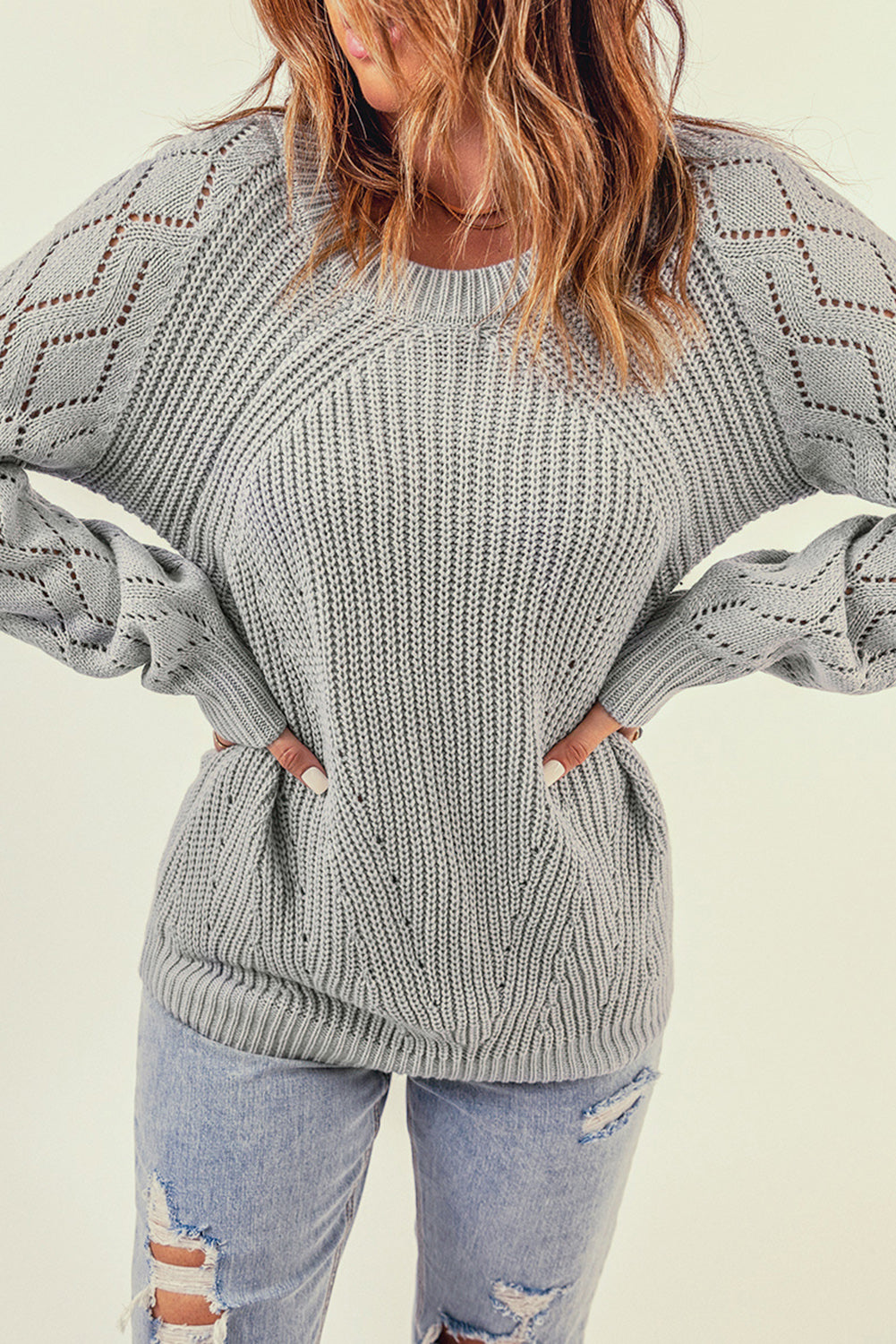 Gray Knitted Raglan Sleeve Sweater