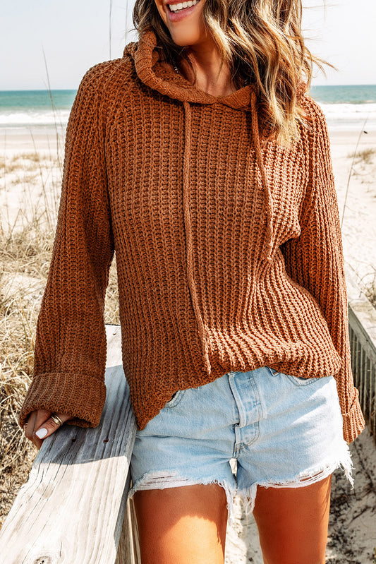 Brown Knitted Drawstring Hooded Sweater