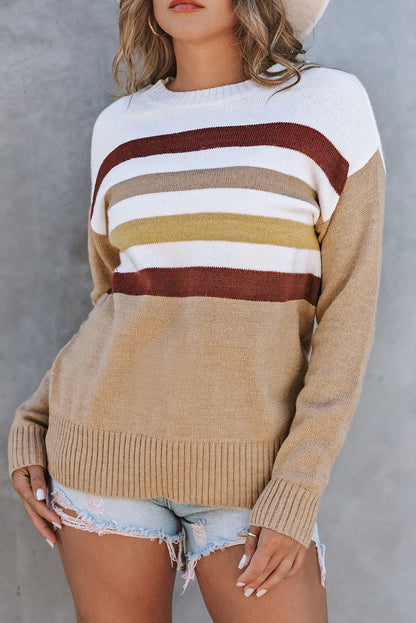 Crew Neck Striped Long Sleeve Sweater