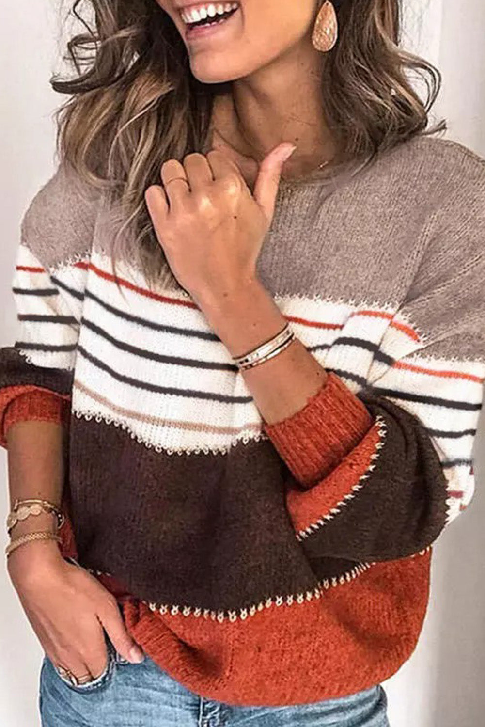Striped Drop Shoulder Crew Neck Sweater