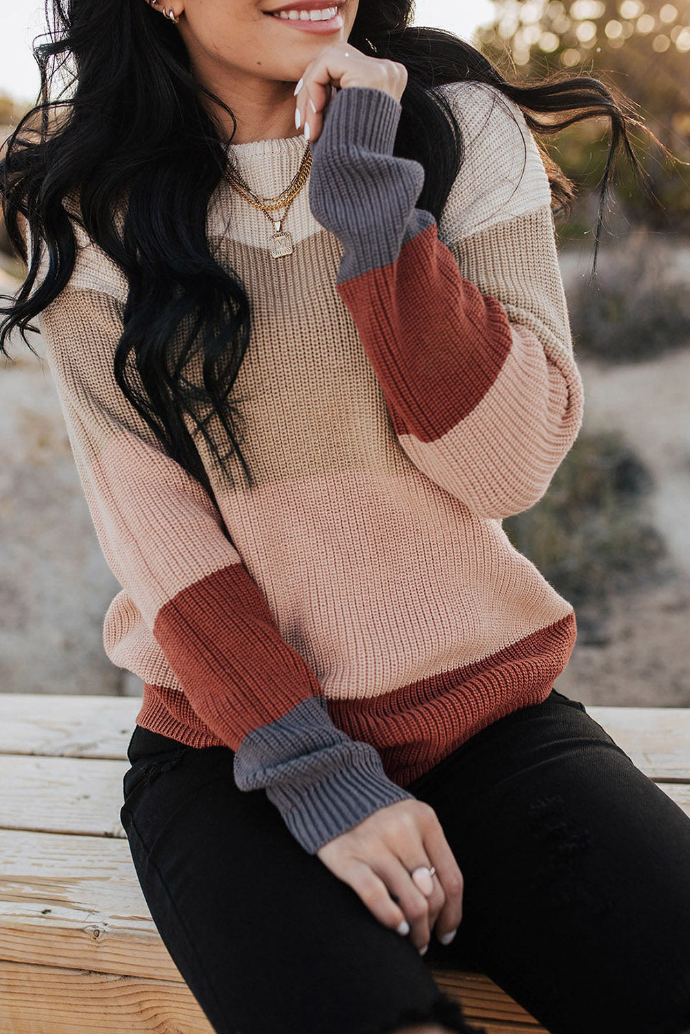 Khaki Knitted Colorblock Sweater