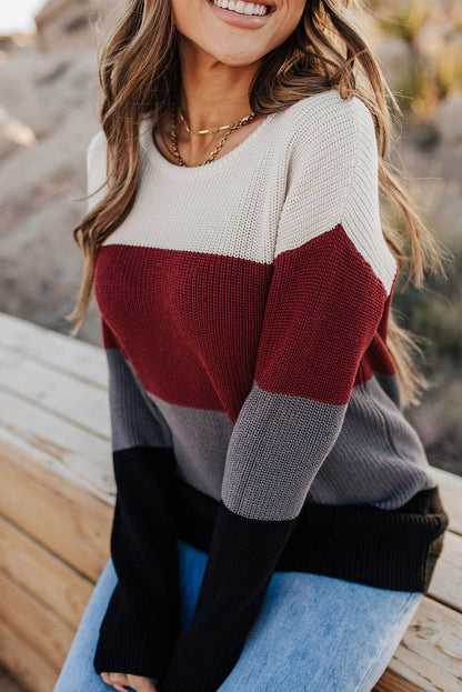 Red Knitted Colorblock Sweater