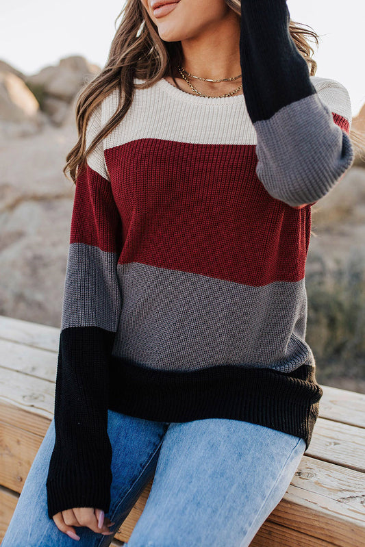 Red Knitted Colorblock Sweater