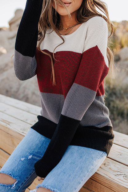 Red Knitted Colorblock Sweater