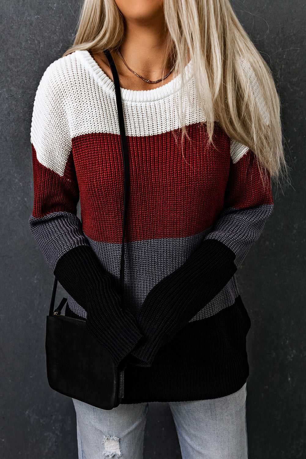 Red Knitted Colorblock Sweater