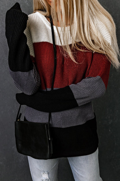 Red Knitted Colorblock Sweater