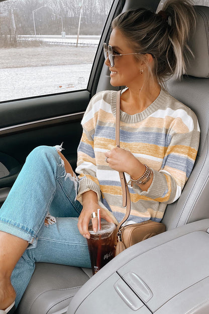 Stripe Color Block Ribbed Edge Round Neck Sweater