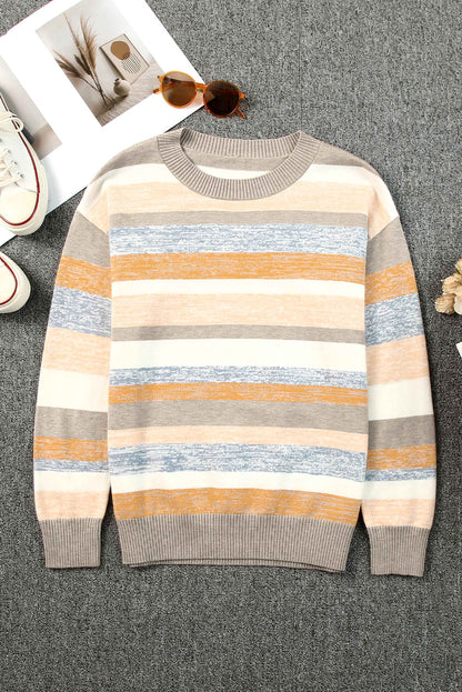 Stripe Color Block Ribbed Edge Round Neck Sweater