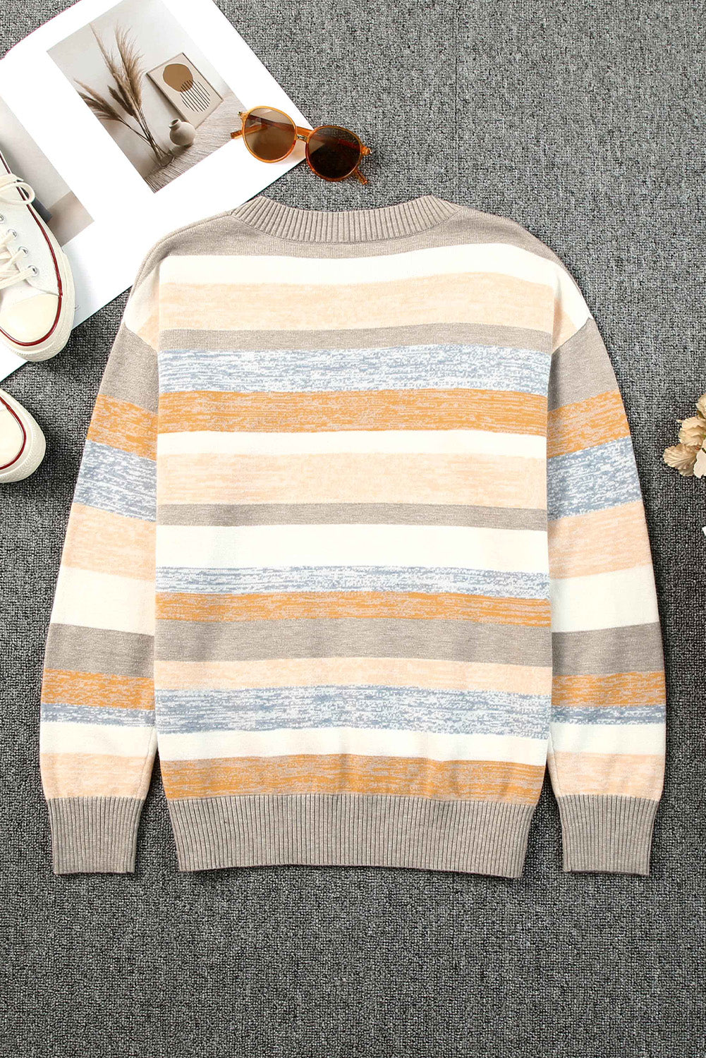 Stripe Color Block Ribbed Edge Round Neck Sweater