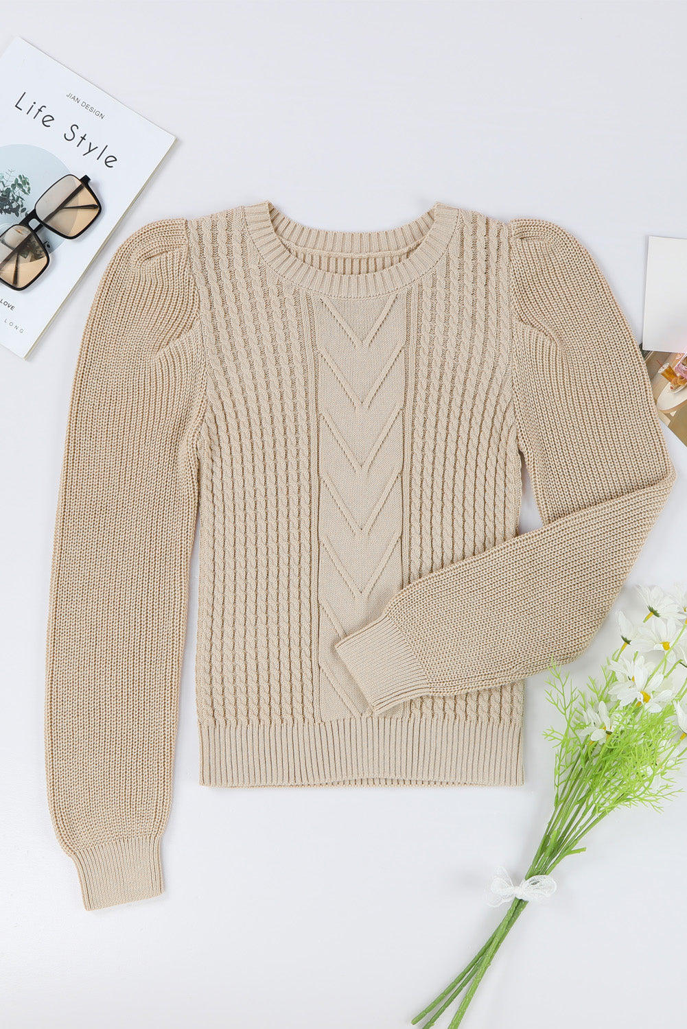 Ribbed Pattern Puff Sleeve Sweater