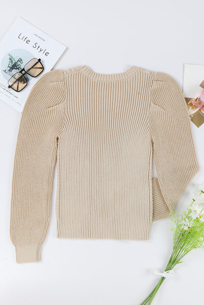 Ribbed Pattern Puff Sleeve Sweater