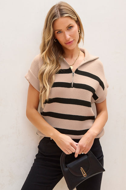 Stripe Zipped Collar Short Sleeve Sweater