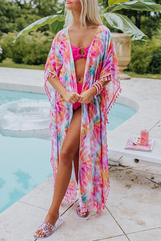 Multicolor Tassel Open Front Kimono/ Cover Up