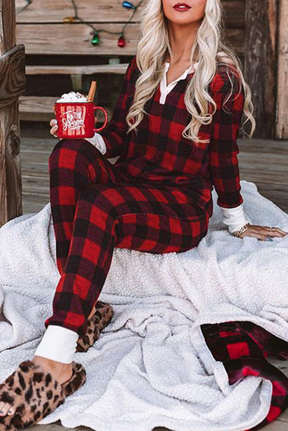 Plaid Long Sleeve Top and Pants Lounge Set | 2 Colors|