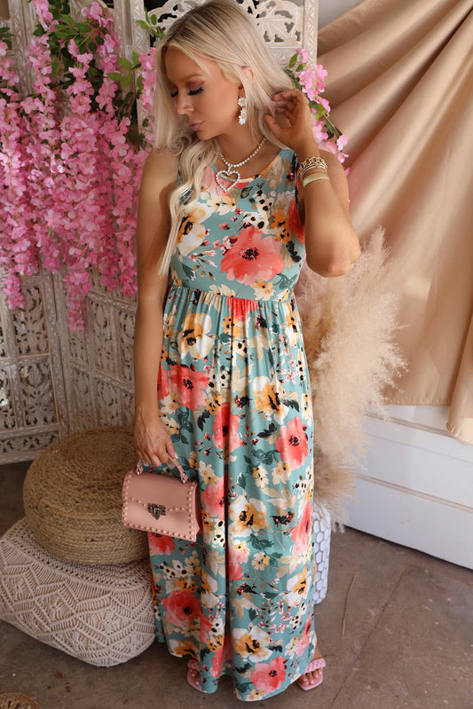 Floral Print Sleeveless Maxi Dress with Pocket