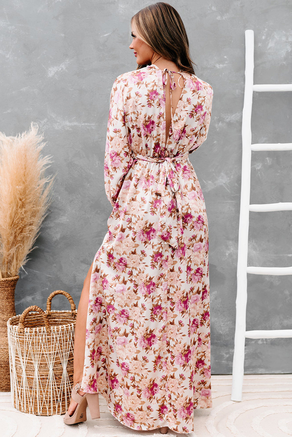 Floral Print High Waist Long Sleeve Maxi Dress