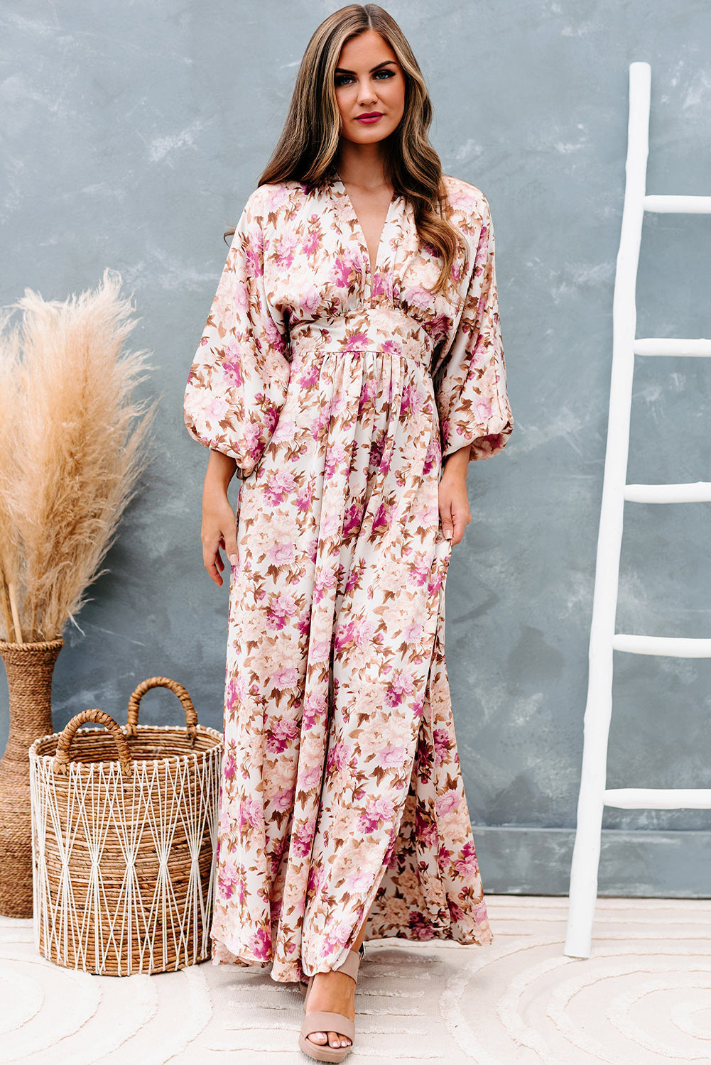 Floral Print High Waist Long Sleeve Maxi Dress