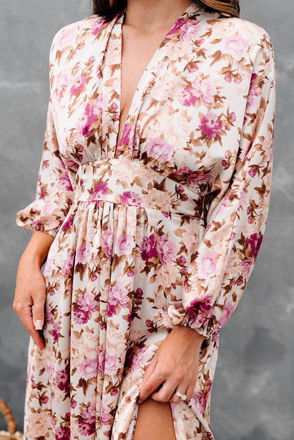 Floral Print High Waist Long Sleeve Maxi Dress