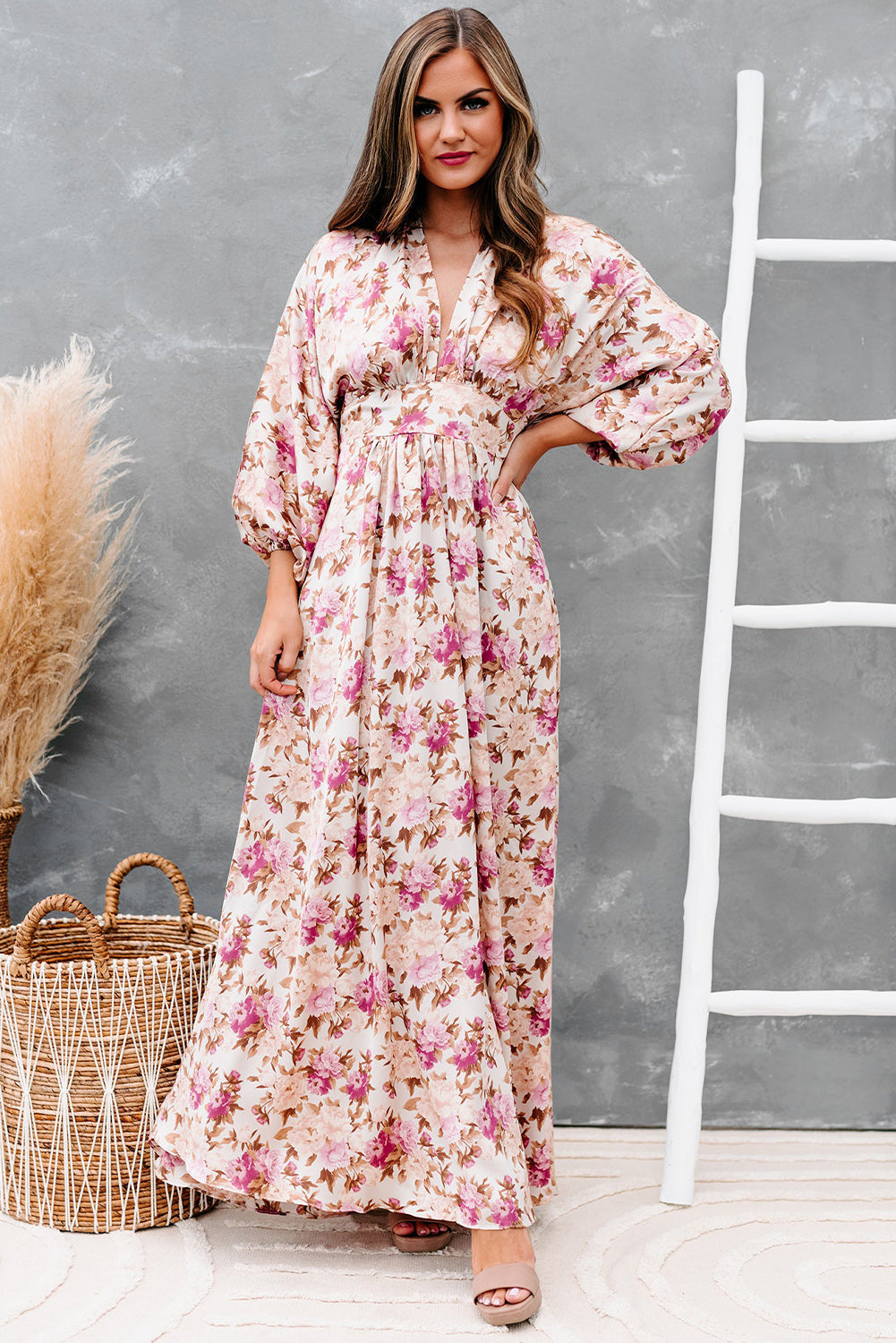 Floral Print High Waist Long Sleeve Maxi Dress