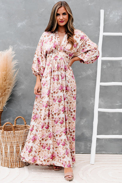 Floral Print High Waist Long Sleeve Maxi Dress