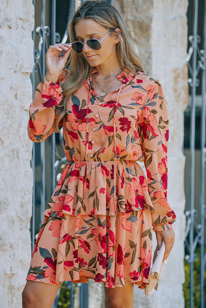 Floral V Neck Puff Sleeve Ruffled Dress
