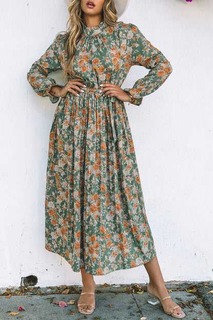 Pleated Long Sleeve Maxi Floral Dress with Tie