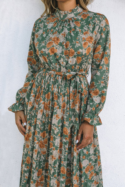 Pleated Long Sleeve Maxi Floral Dress with Tie