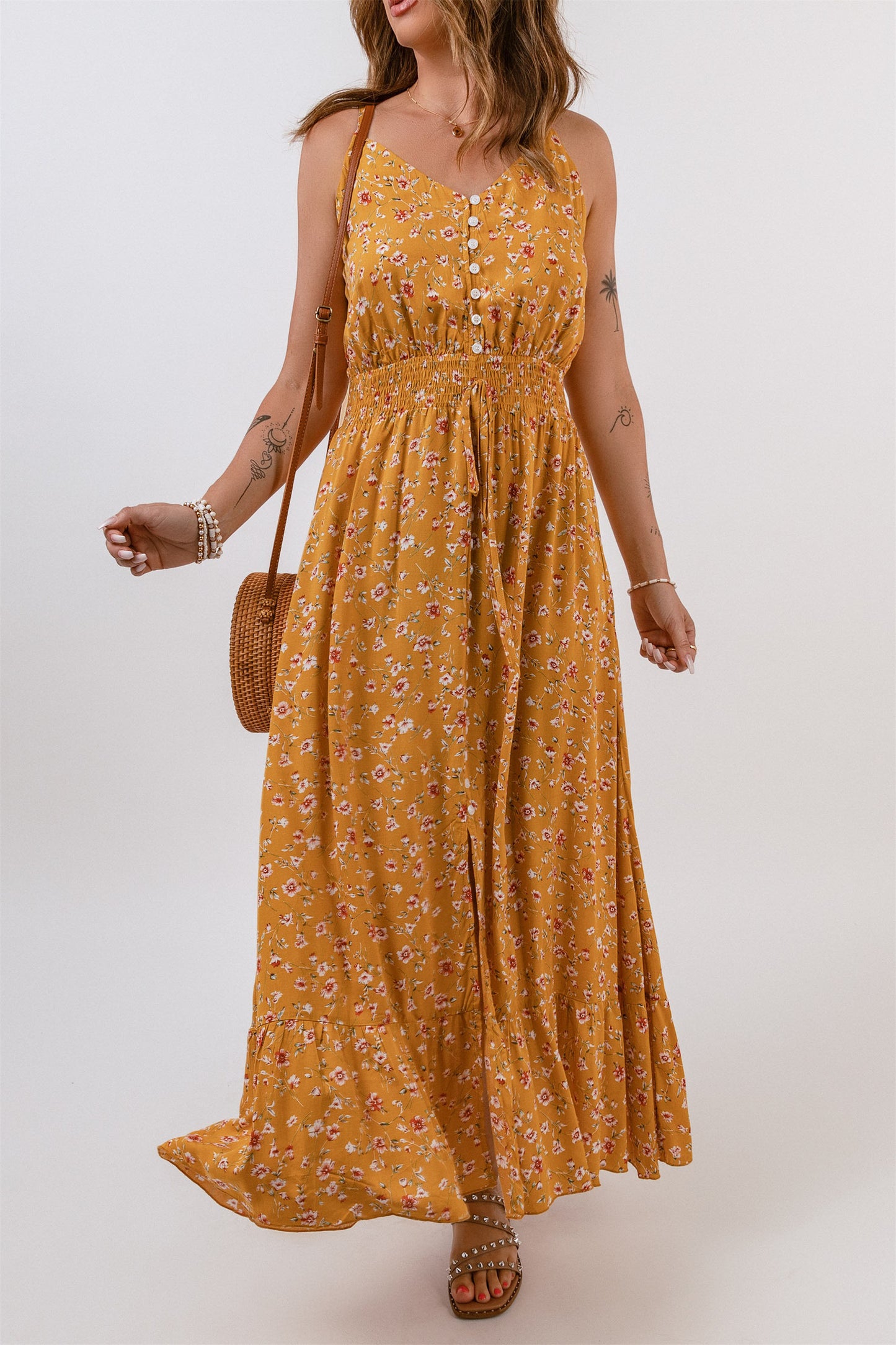 V-Neck Elastic Waist Floral Maxi Dress