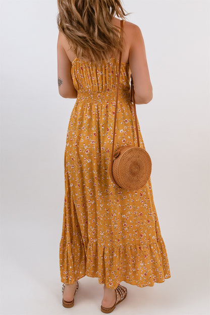 V-Neck Elastic Waist Floral Maxi Dress