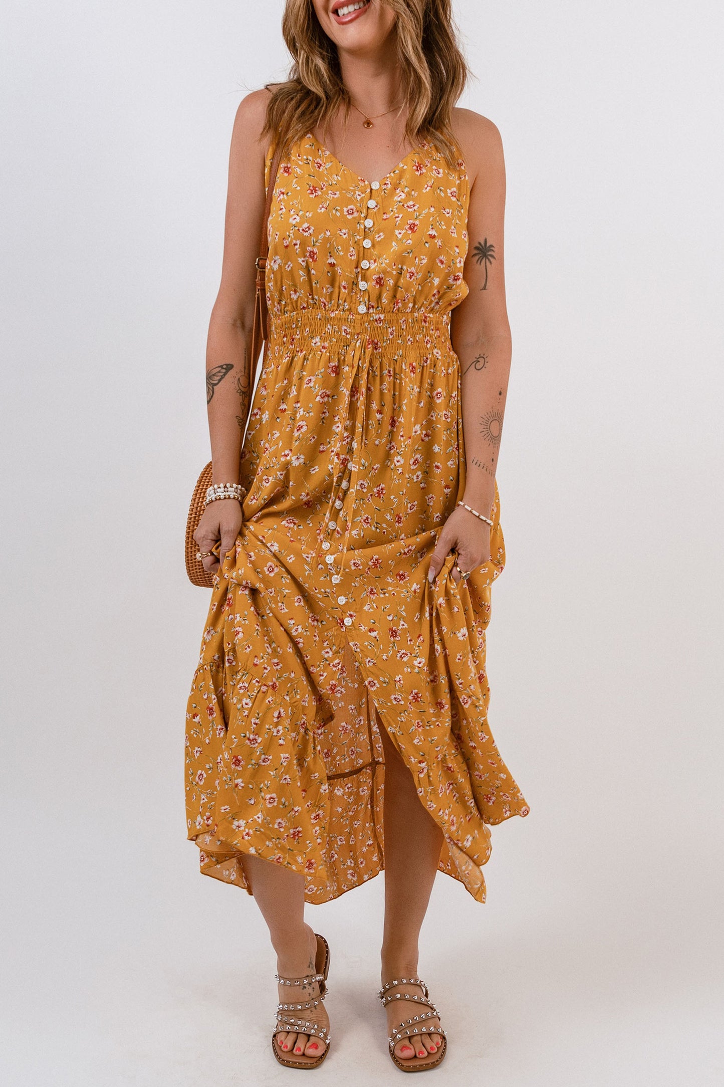 V-Neck Elastic Waist Floral Maxi Dress