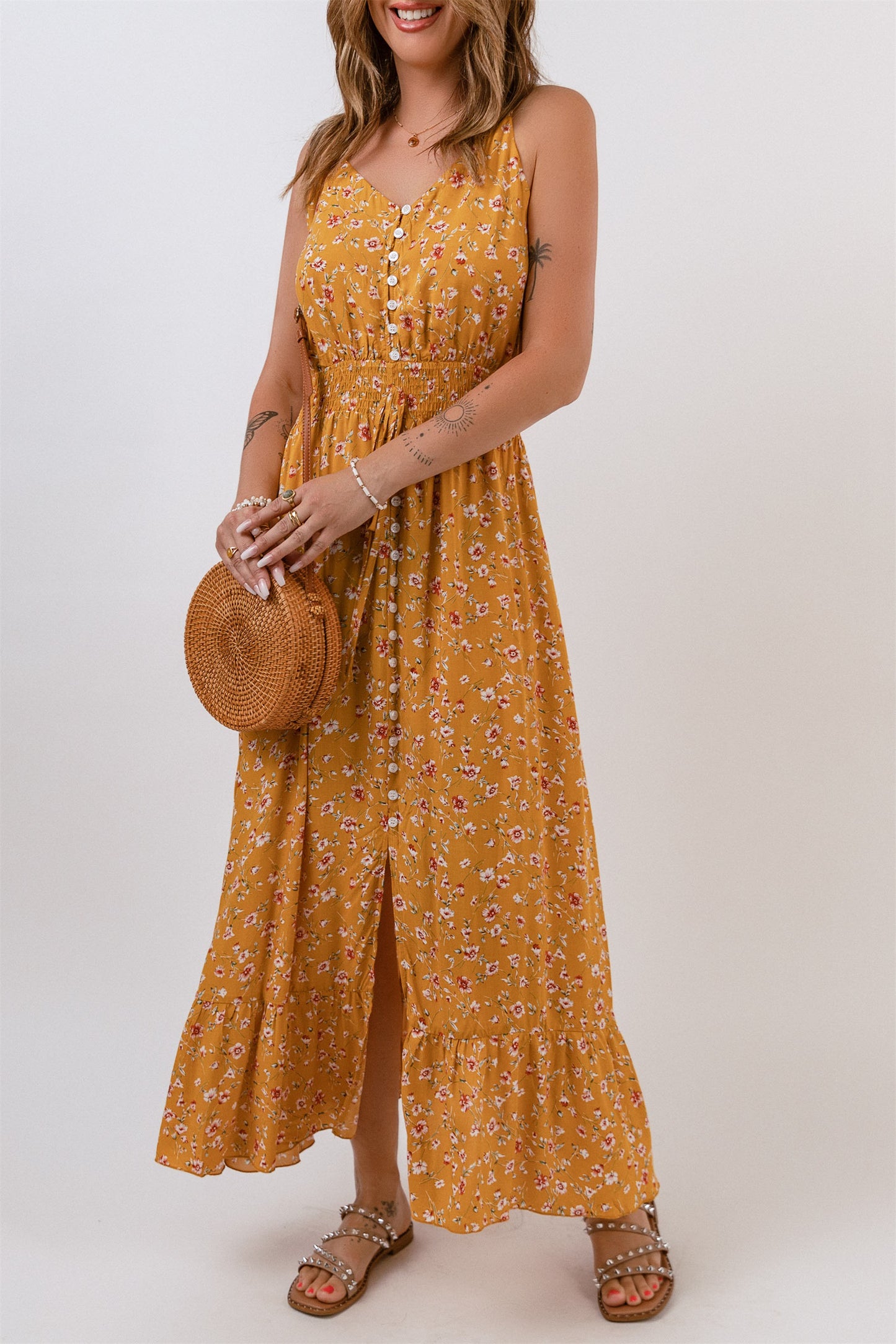 V-Neck Elastic Waist Floral Maxi Dress