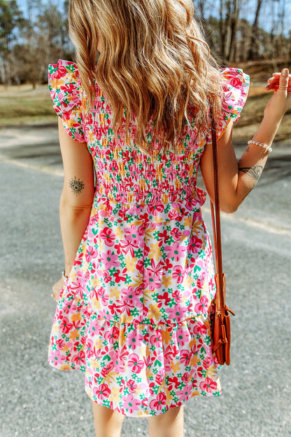 Smocked Bodice Ruffle Trim Floral Dress